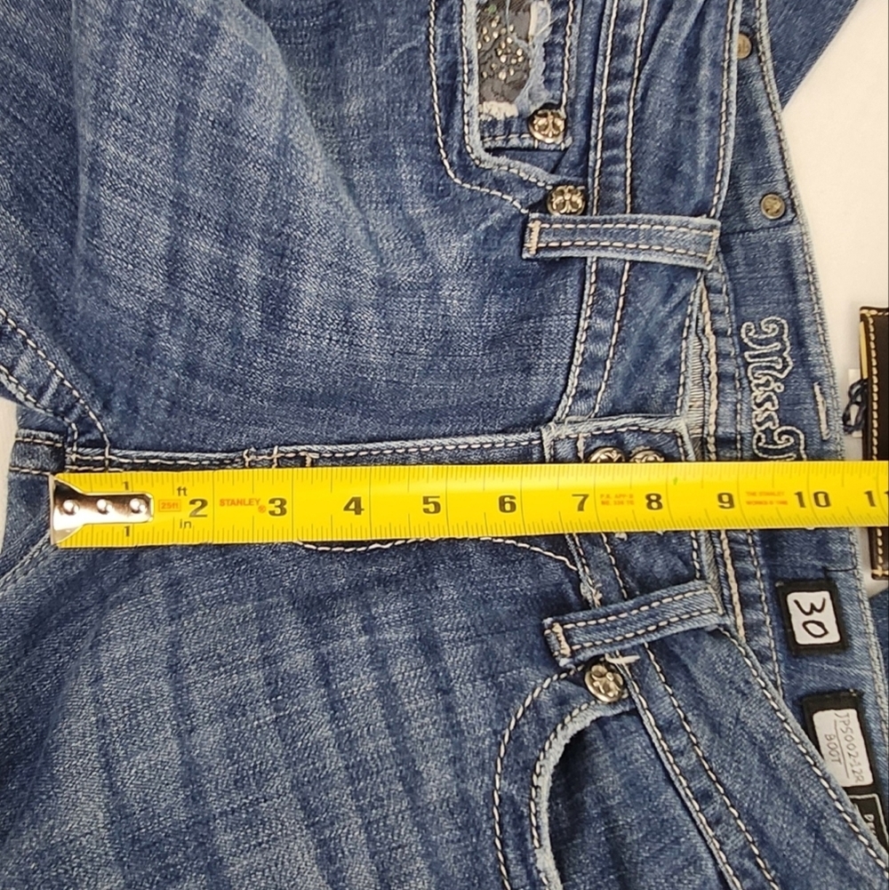 Miss Me Medium Wash Boot Cut Denim Jeans Black lace And Jewel Embellishments - Picture 12 of 13
